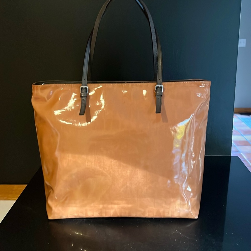 FURLA PATENT LEATHER BAG-- Tan with Brown accents